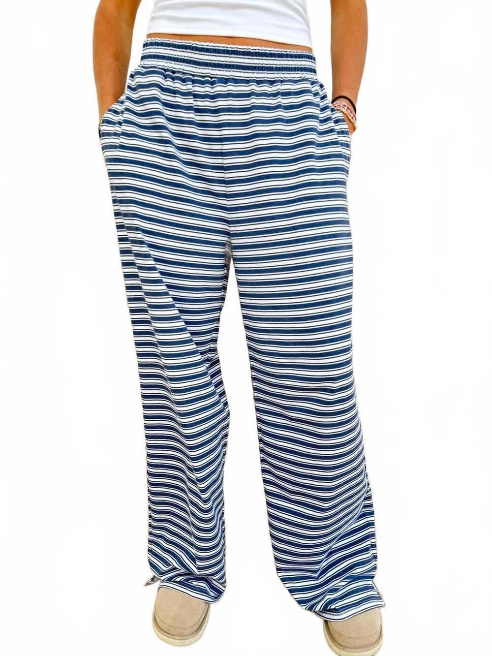 NEW SUNKISSED COCONUT billie striped loungewear flare pants in blue